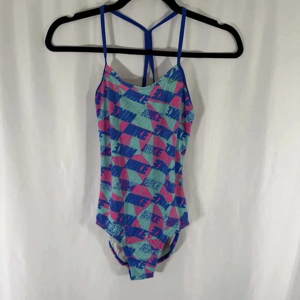 Nike Swimsuit One Piece Girls Medium 12 Pink Blue Strappy Sleeveless Pullover